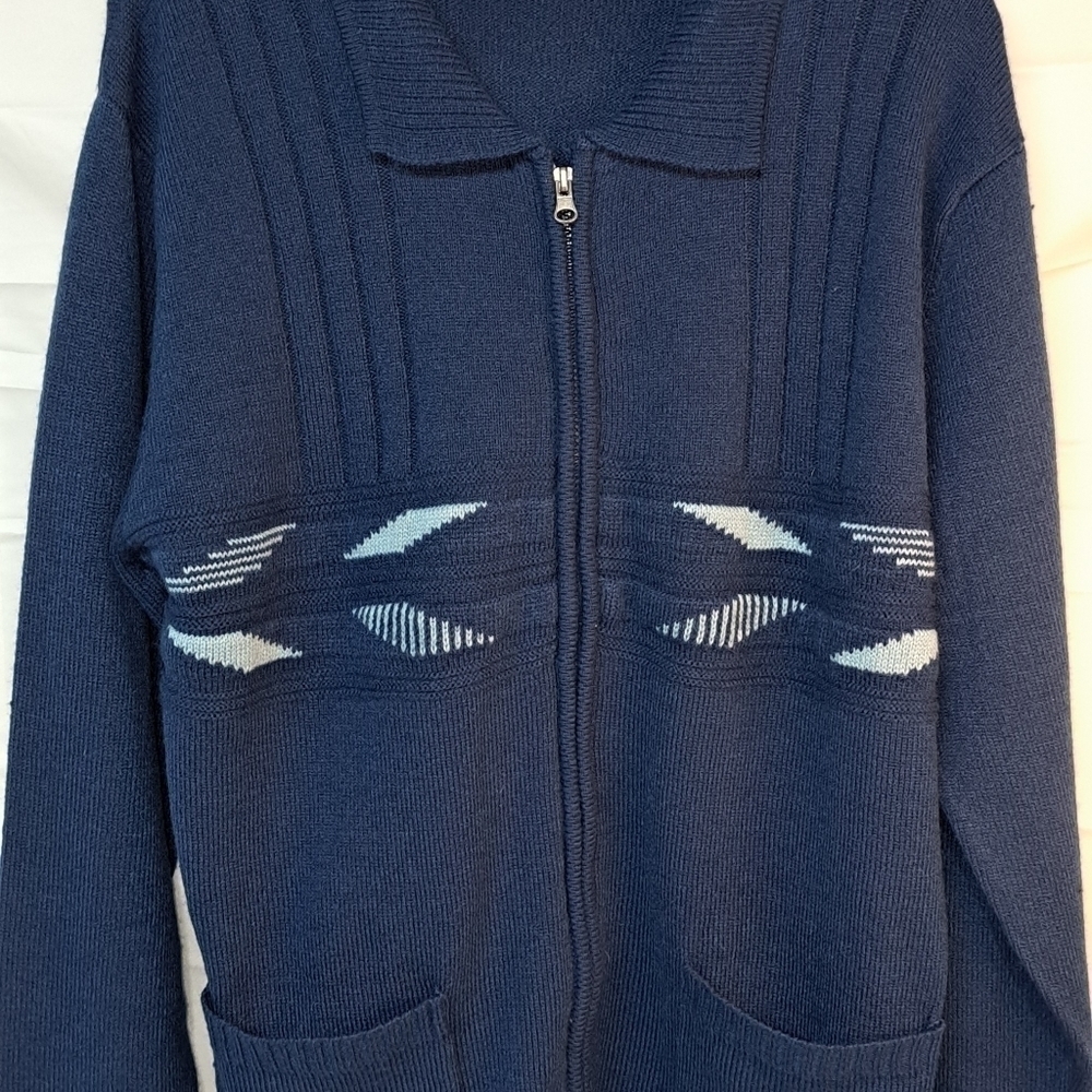 Vintage 90s Haband Grunge Full Zip Collar 100 % Acrylic Blue Sweater Men's Med
